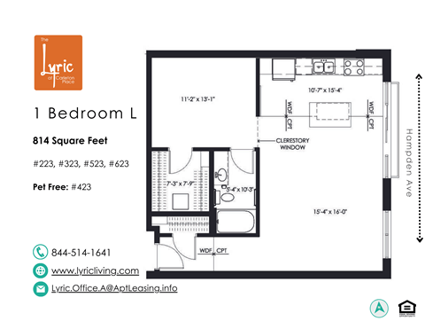 Floor plan for 1 bed, 1 bath, 814 sqft